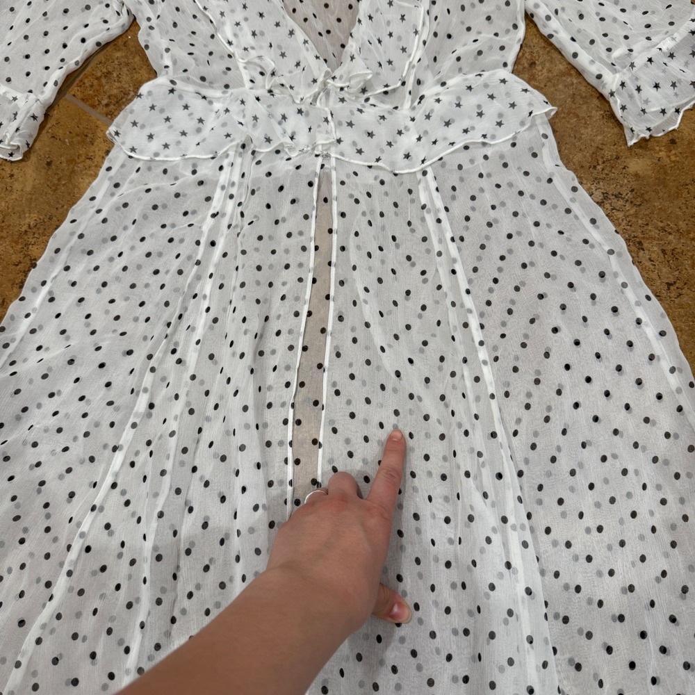 We Are Leone Sheer Ruffle Maxi Robe Dress White Polka Dot Star S/M Resort Vacati - Picture 14 of 16